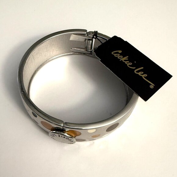 NWT Cookie Lee Silver-Tone Tan Brown Polka Dot Hinged Clamper Bangle Bracelet - Picture 5 of 5